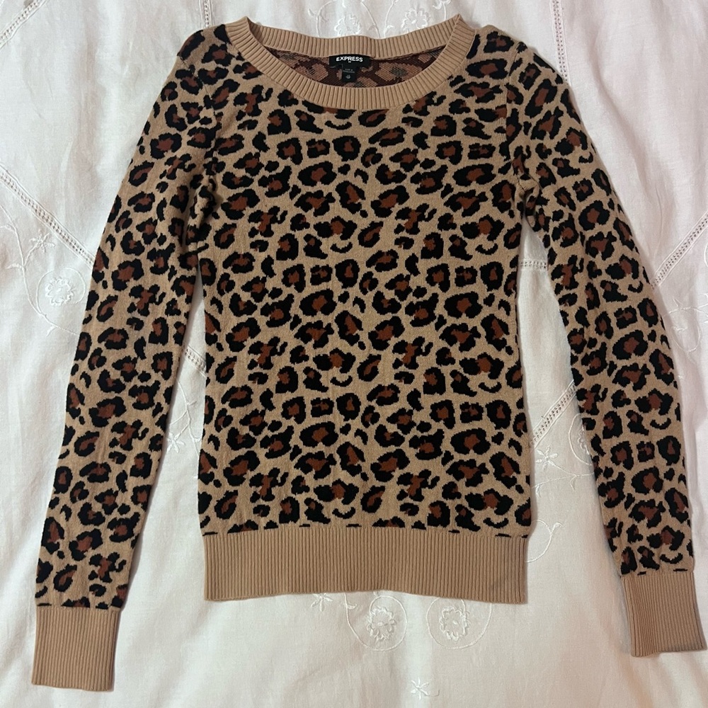 Express Animal Print Crew Neck Sweater - Brown and Black